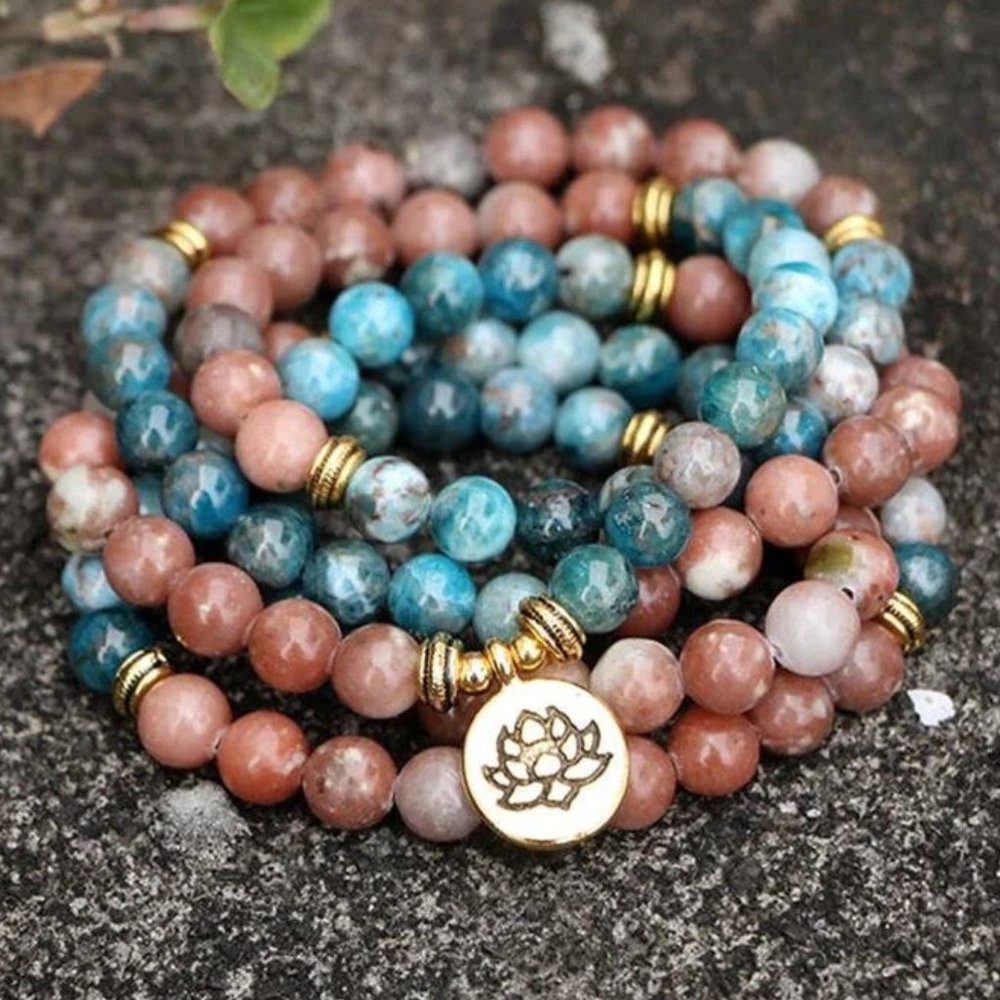 Natural Stone 108 Beads Mala Prayer Apatite Lotus Necklace Healing Yoga Bracelet